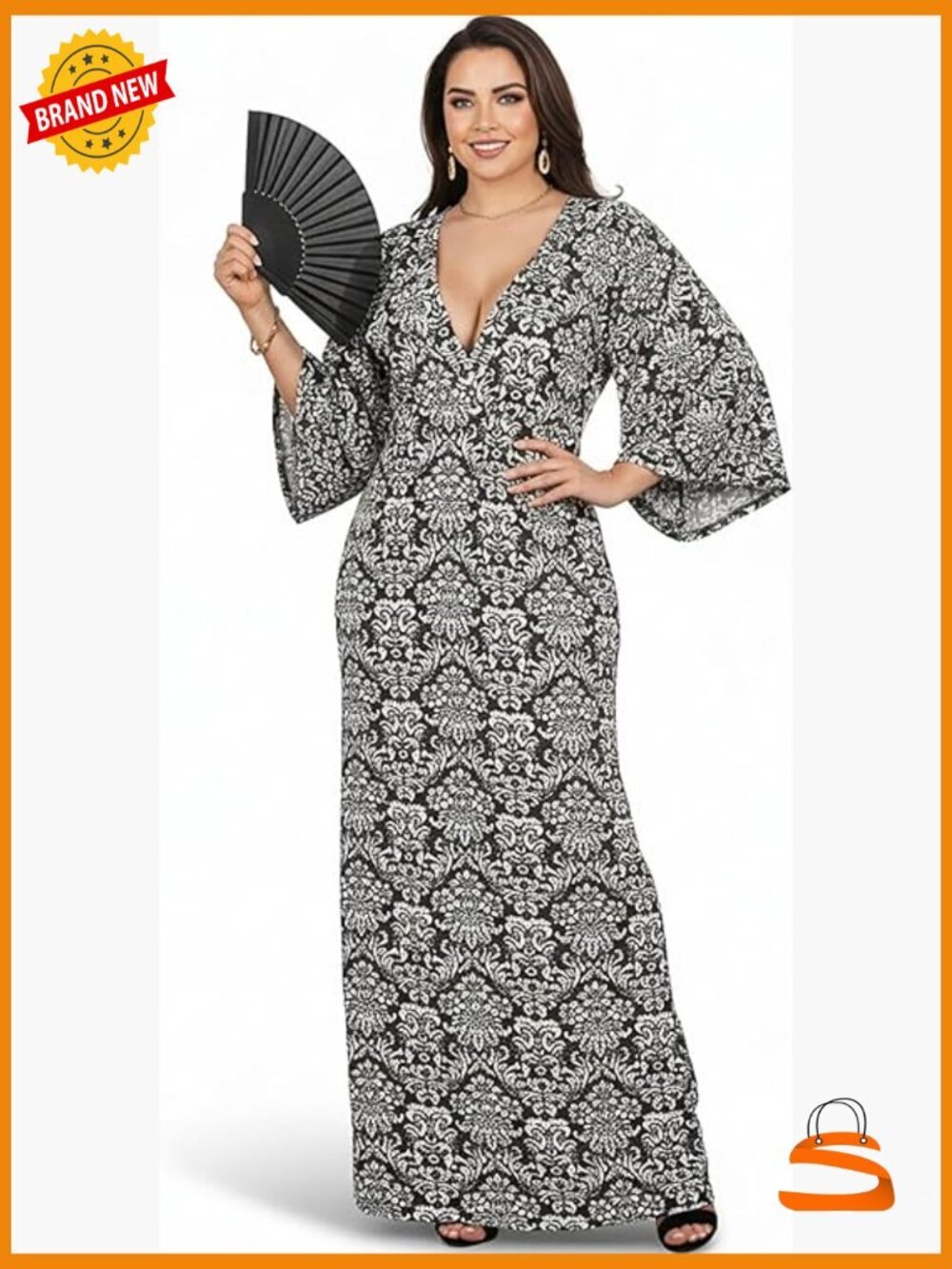 3/4 Sleeve V Neck Bohemian Flowy Maxi Dress Gown Plus Size